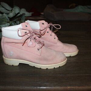 timberland pink leather hiking boots size 7M preowned